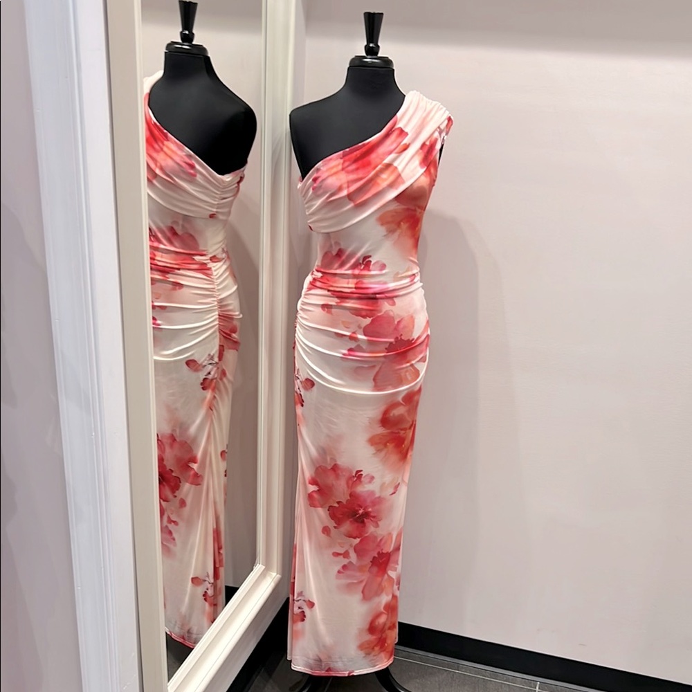 Blush Floral Mesh One Shoulder Mesh Maxi Dress